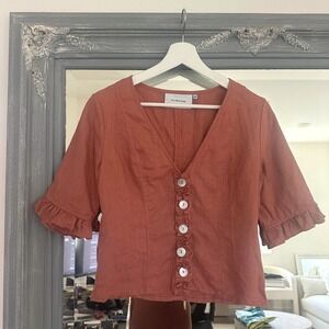 The Wolf Gang Rust Orange Linen Blend Ruffle Button Front Top M